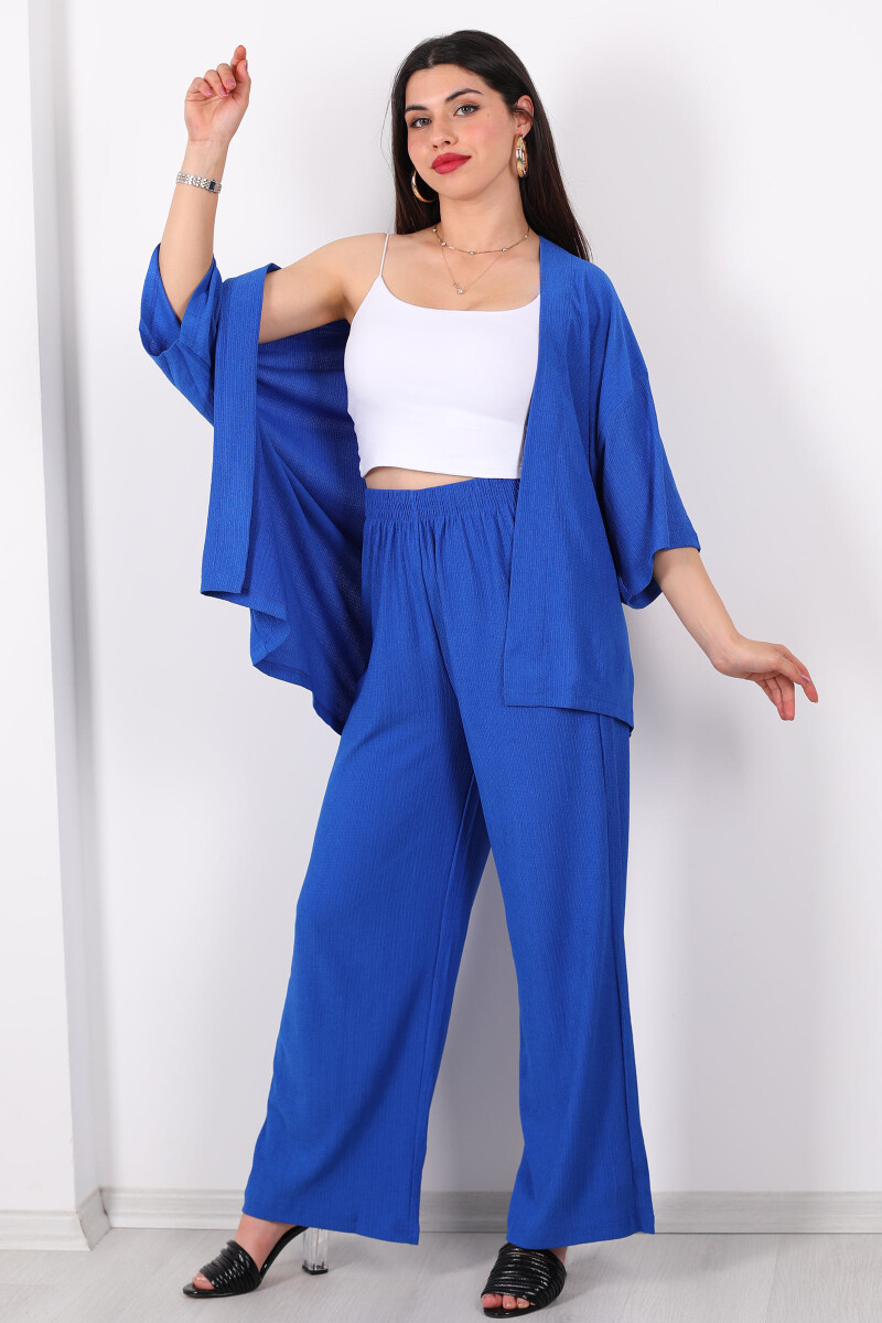 Krep Kumaş Saks Mavisi Kadın Kimono Takım - 3