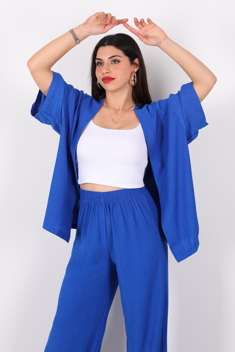 Krep Kumaş Saks Mavisi Kadın Kimono Takım - 2
