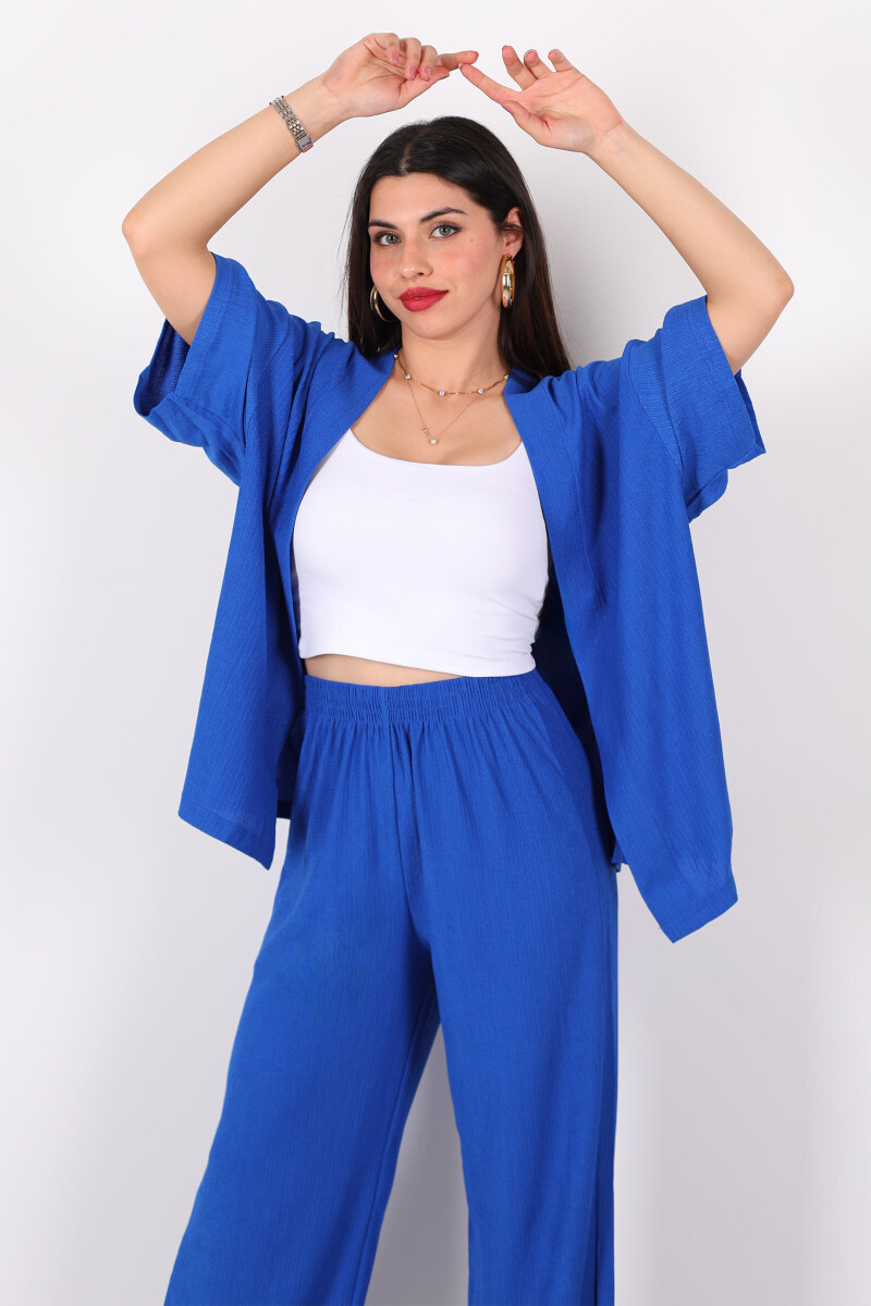 Krep Kumaş Saks Mavisi Kadın Kimono Takım - 4