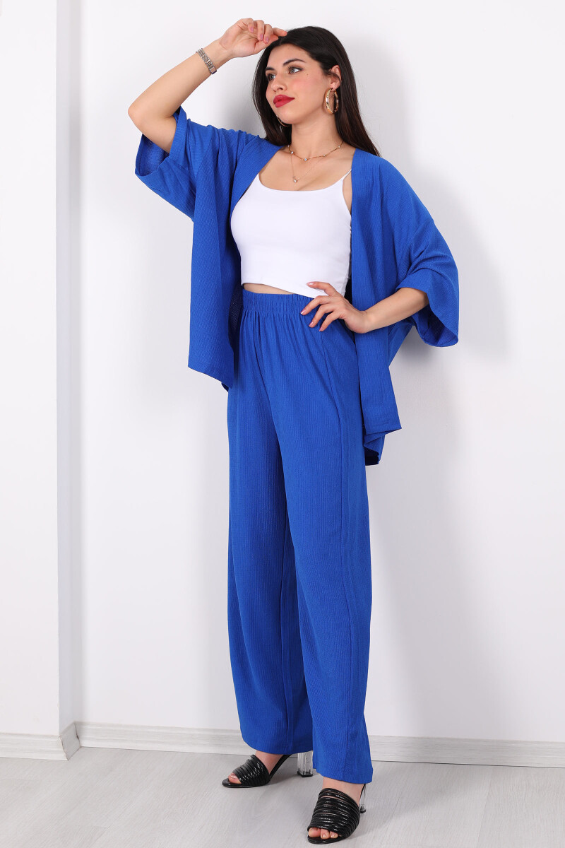 Krep Kumaş Saks Mavisi Kadın Kimono Takım - 5