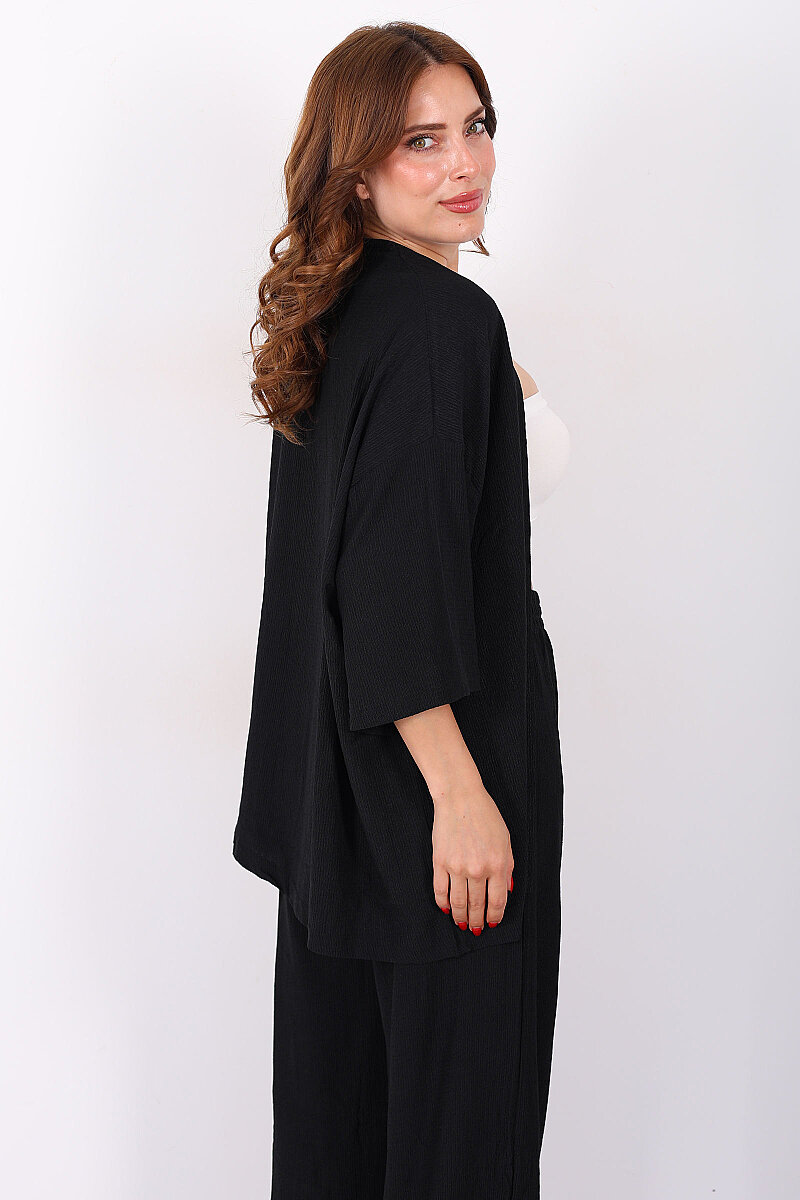 Krep Kumaş Siyah Kadın Kimono Takım - 2