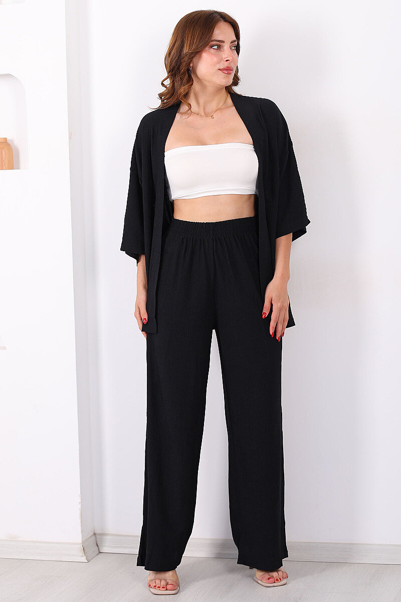 Krep Kumaş Siyah Kadın Kimono Takım - 3