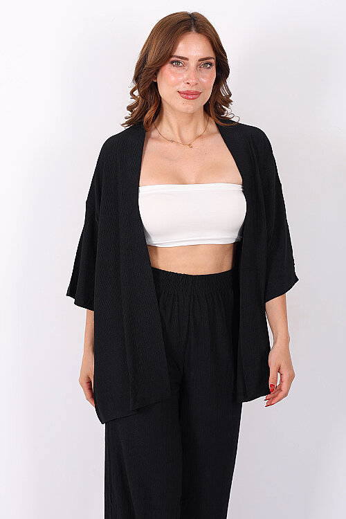 Krep Kumaş Siyah Kadın Kimono Takım - Berox