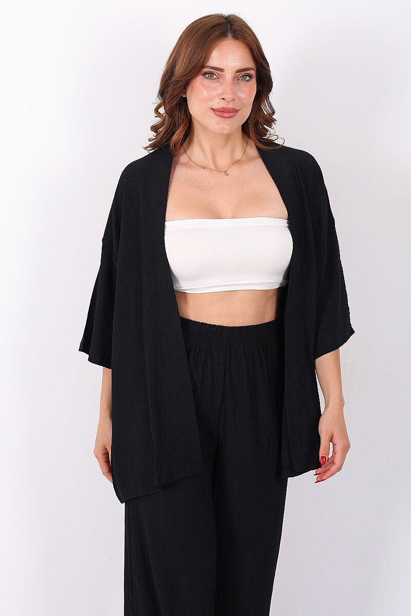 Krep Kumaş Siyah Kadın Kimono Takım - 1
