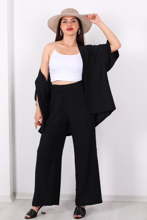 Krep Kumaş Siyah Kadın Kimono Takım - 4