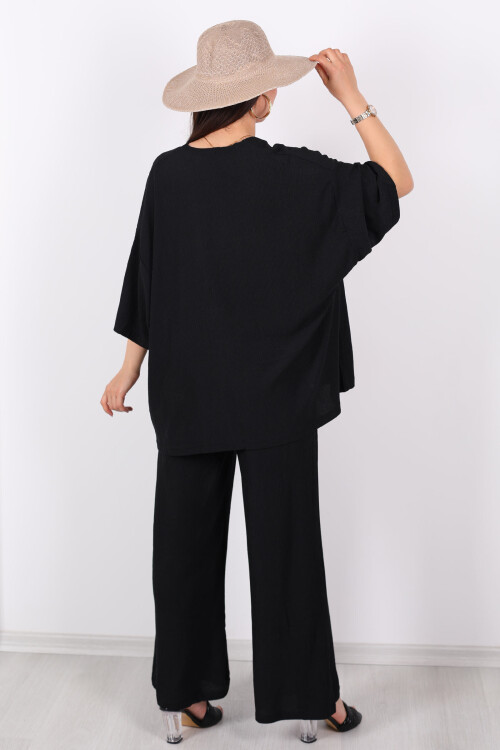 Krep Kumaş Siyah Kadın Kimono Takım - 5