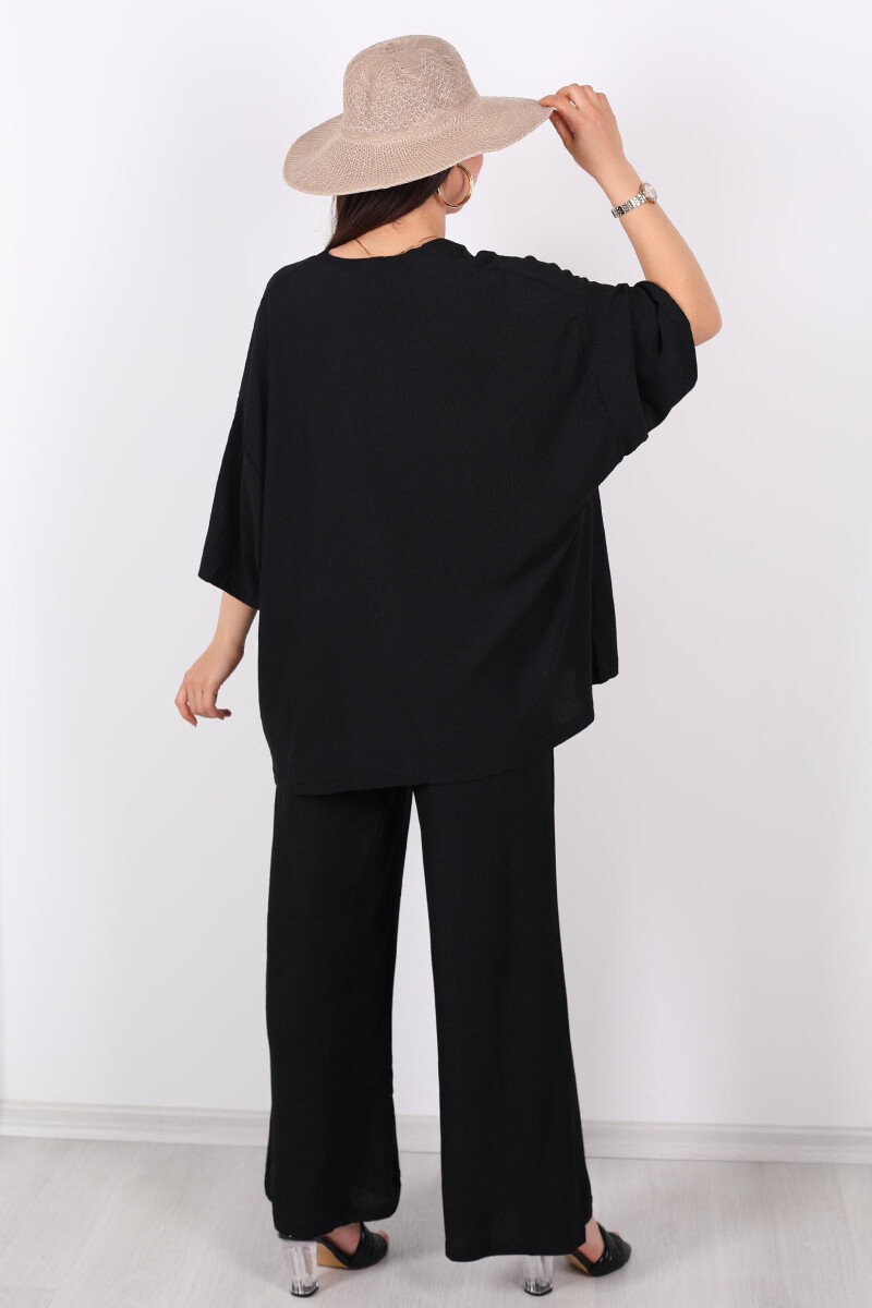 Krep Kumaş Siyah Kadın Kimono Takım - 5