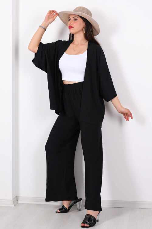 Krep Kumaş Siyah Kadın Kimono Takım 
