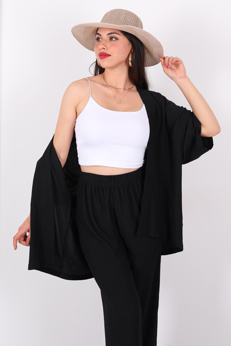 Krep Kumaş Siyah Kadın Kimono Takım - 2