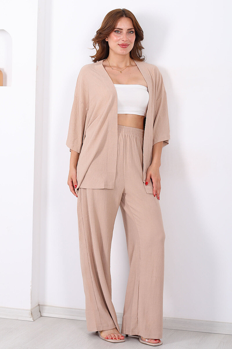 Krep Kumaş Taş Rengi Kadın Kimono Takım - 4