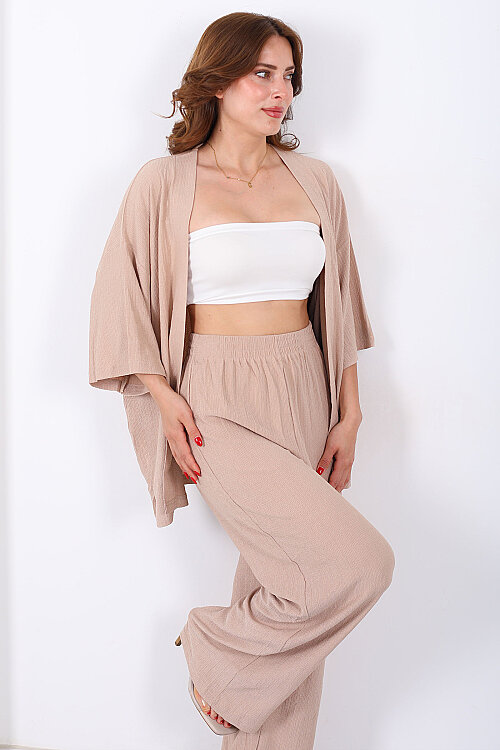 Krep Kumaş Taş Rengi Kadın Kimono Takım - 3