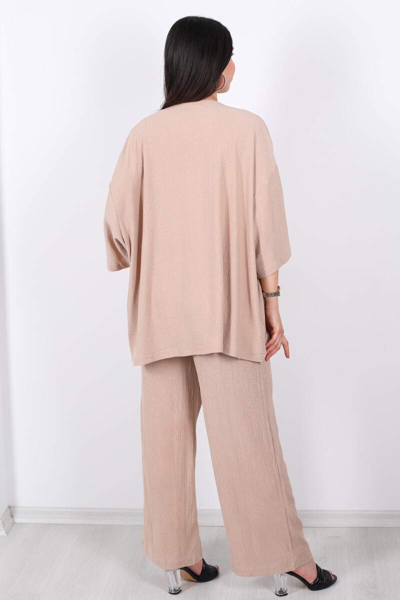 Krep Kumaş Taş Rengi Kadın Kimono Takım - 5