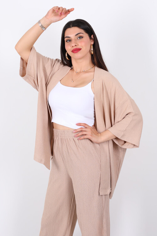 Krep Kumaş Taş Rengi Kadın Kimono Takım - 2