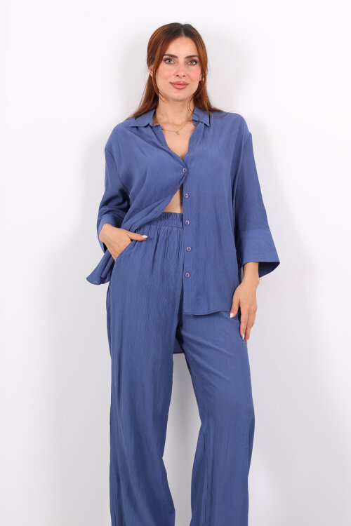 Krinkıl Oversize İndigo Kadın Gömlek-Pantolon Takım - 6