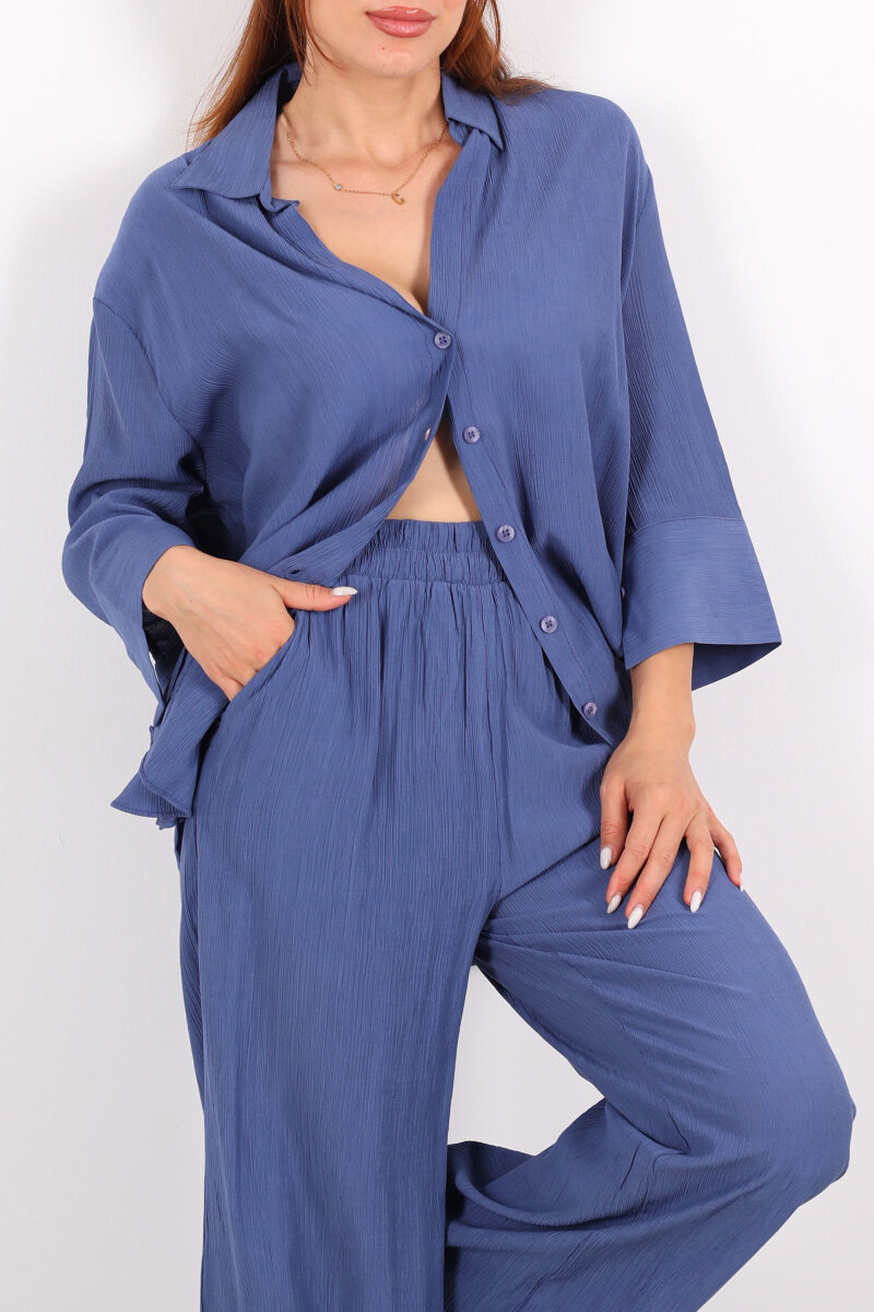 Krinkıl Oversize İndigo Kadın Gömlek-Pantolon Takım - 2