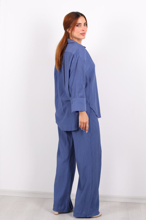 Krinkıl Oversize İndigo Kadın Gömlek-Pantolon Takım - 5