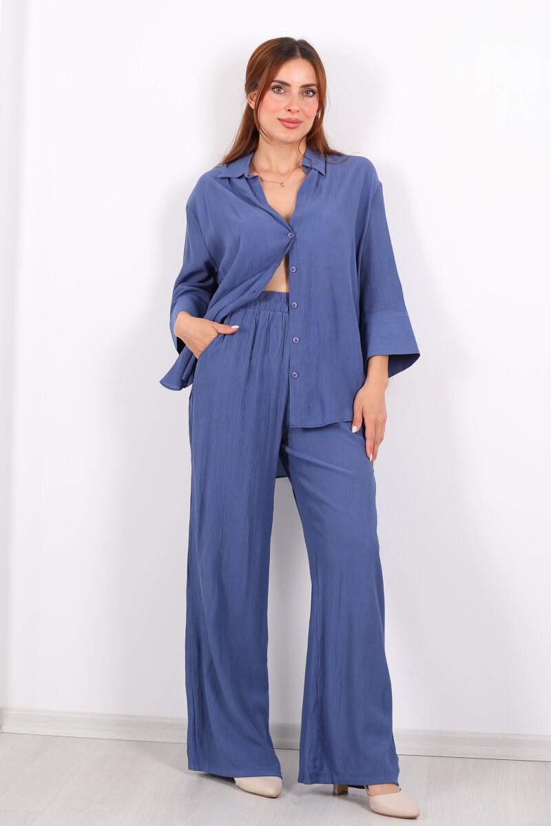 Krinkıl Oversize İndigo Kadın Gömlek-Pantolon Takım - 3