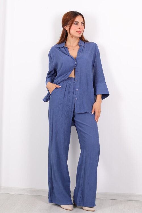 Krinkıl Oversize İndigo Kadın Gömlek-Pantolon Takım - 7