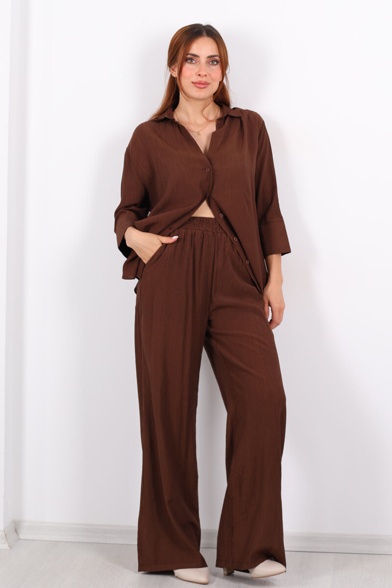 Krinkıl Oversize Kahverengi Kadın Gömlek-Pantolon Takım - 4