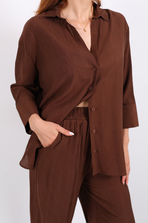 Krinkıl Oversize Kahverengi Kadın Gömlek-Pantolon Takım - Berox (1)