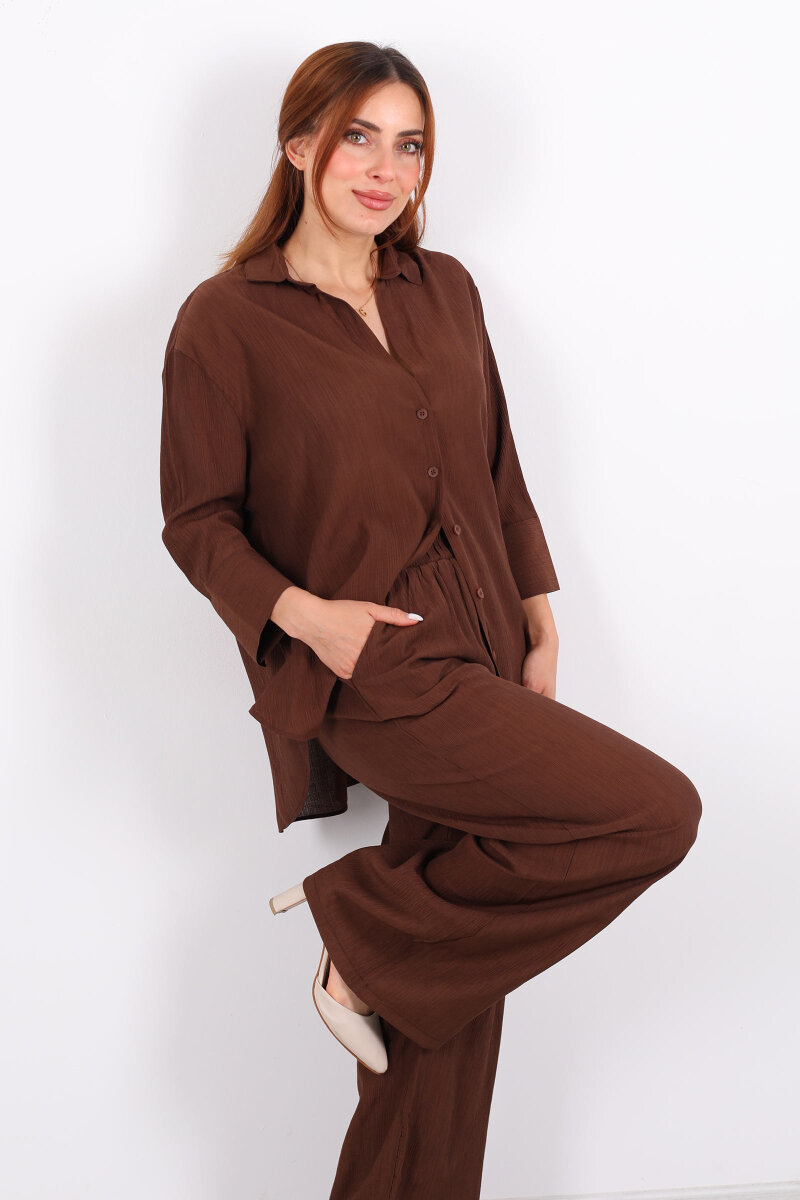 Krinkıl Oversize Kahverengi Kadın Gömlek-Pantolon Takım - 3