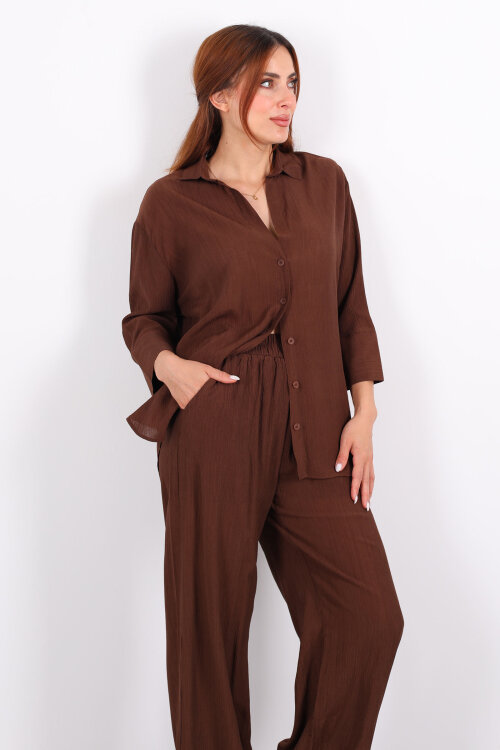 Krinkıl Oversize Kahverengi Kadın Gömlek-Pantolon Takım - 6