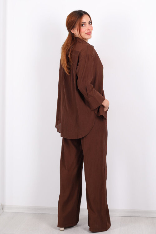 Krinkıl Oversize Kahverengi Kadın Gömlek-Pantolon Takım - 5