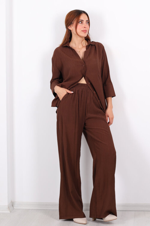 Krinkıl Oversize Kahverengi Kadın Gömlek-Pantolon Takım - 7