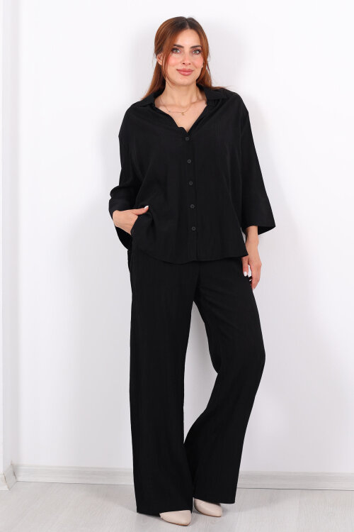 Krinkıl Oversize Siyah Kadın Gömlek-Pantolon Takım - 3