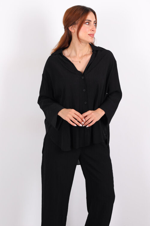 Krinkıl Oversize Siyah Kadın Gömlek-Pantolon Takım - 4