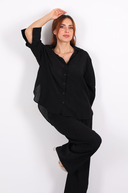 Krinkıl Oversize Siyah Kadın Gömlek-Pantolon Takım - Berox
