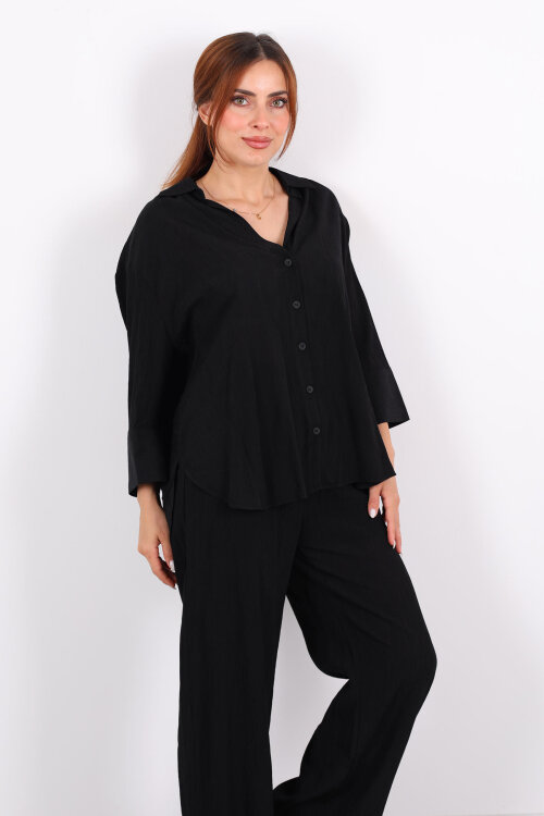 Krinkıl Oversize Siyah Kadın Gömlek-Pantolon Takım - 7