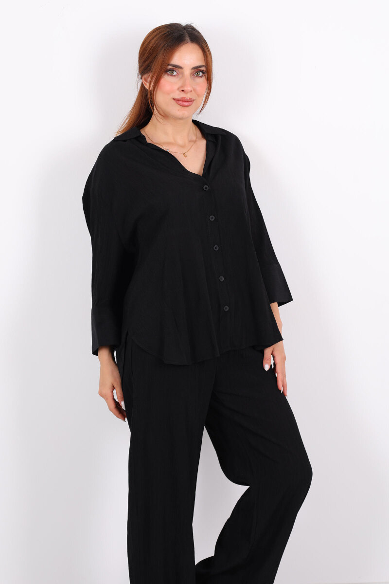 Krinkıl Oversize Siyah Kadın Gömlek-Pantolon Takım - 7