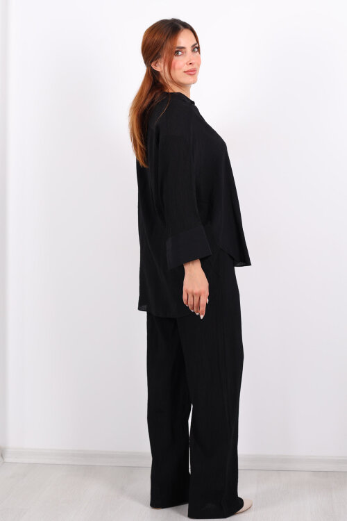 Krinkıl Oversize Siyah Kadın Gömlek-Pantolon Takım - 5