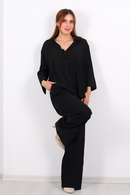 Krinkıl Oversize Siyah Kadın Gömlek-Pantolon Takım - 6