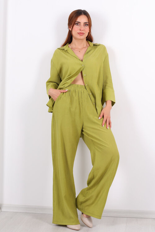 Krinkıl Oversize Yeşil Kadın Gömlek-Pantolon Takım - 6