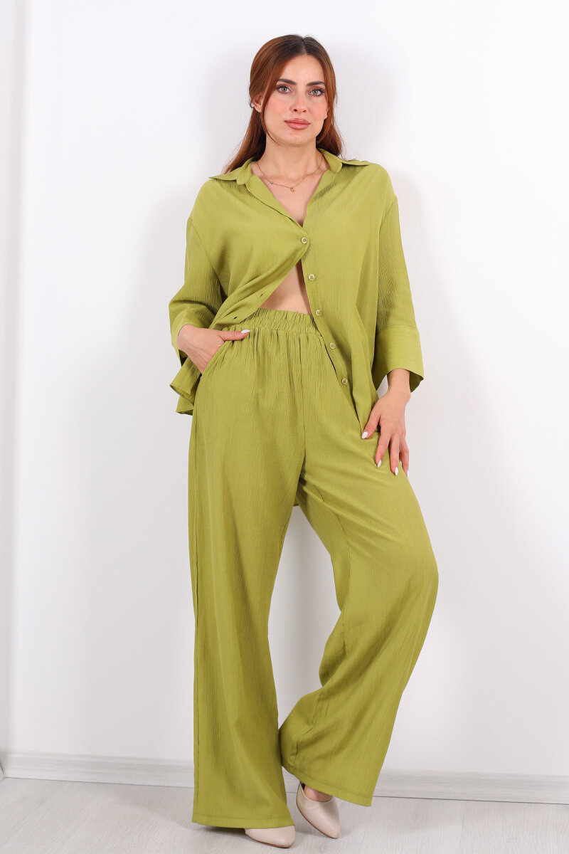 Krinkıl Oversize Yeşil Kadın Gömlek-Pantolon Takım - 6
