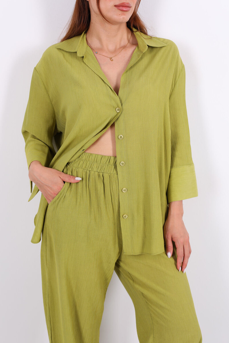 Krinkıl Oversize Yeşil Kadın Gömlek-Pantolon Takım - 2