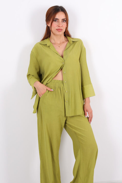 Krinkıl Oversize Yeşil Kadın Gömlek-Pantolon Takım - 7