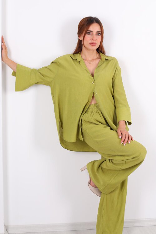 Krinkıl Oversize Yeşil Kadın Gömlek-Pantolon Takım - Berox