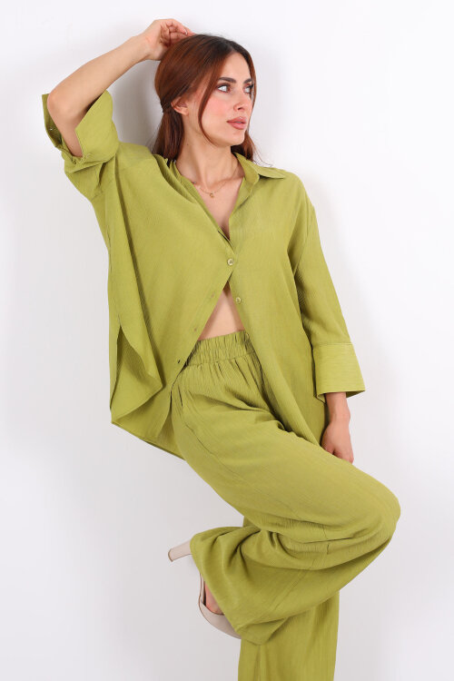 Krinkıl Oversize Yeşil Kadın Gömlek-Pantolon Takım - 4