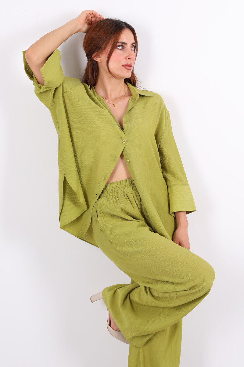 Krinkıl Oversize Yeşil Kadın Gömlek-Pantolon Takım - 4