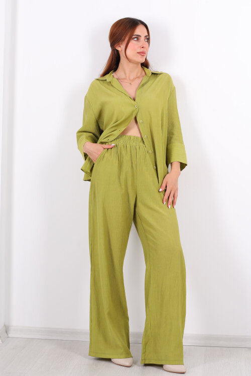 Krinkıl Oversize Yeşil Kadın Gömlek-Pantolon Takım - 3