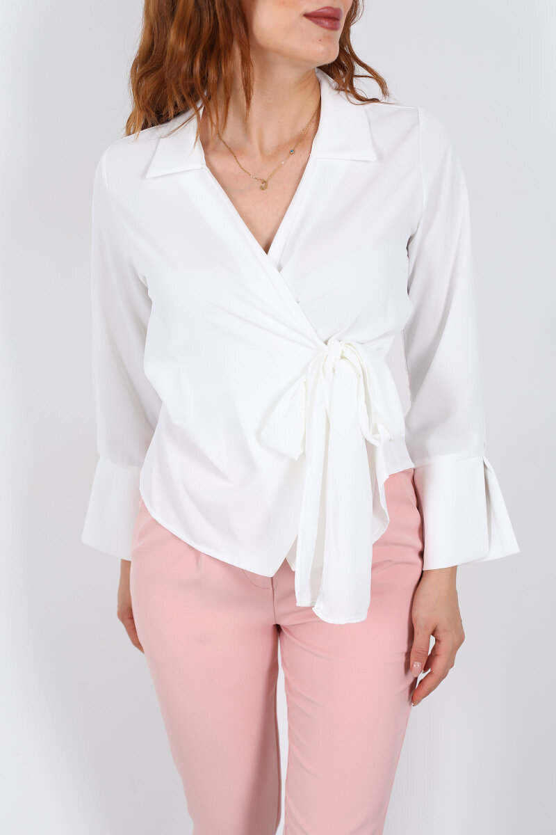 Kruvaze Bağlama Detaylı Beyaz Kadın Saten Gömlek - 2