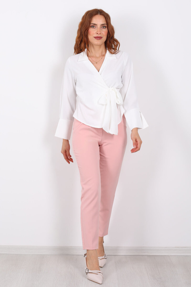 Kruvaze Bağlama Detaylı Beyaz Kadın Saten Gömlek - 4