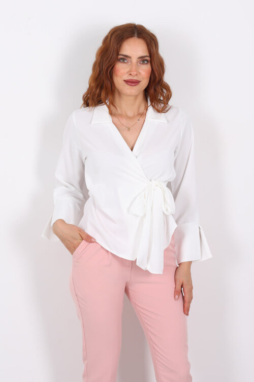 Kruvaze Bağlama Detaylı Beyaz Kadın Saten Gömlek 