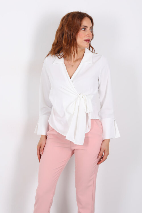 Kruvaze Bağlama Detaylı Beyaz Kadın Saten Gömlek - 6