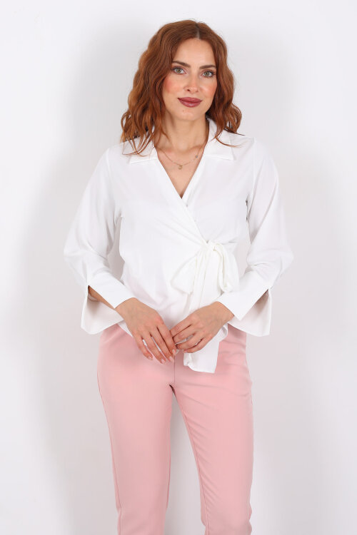 Kruvaze Bağlama Detaylı Beyaz Kadın Saten Gömlek - 3
