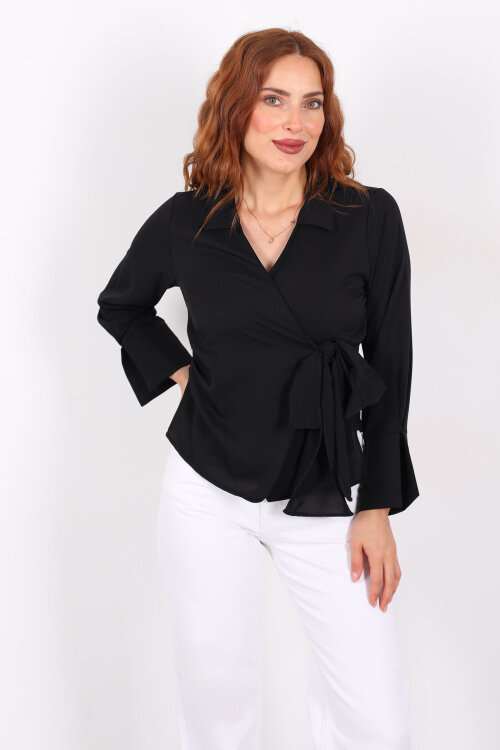 Kruvaze Bağlama Detaylı Siyah Kadın Saten Gömlek - 5