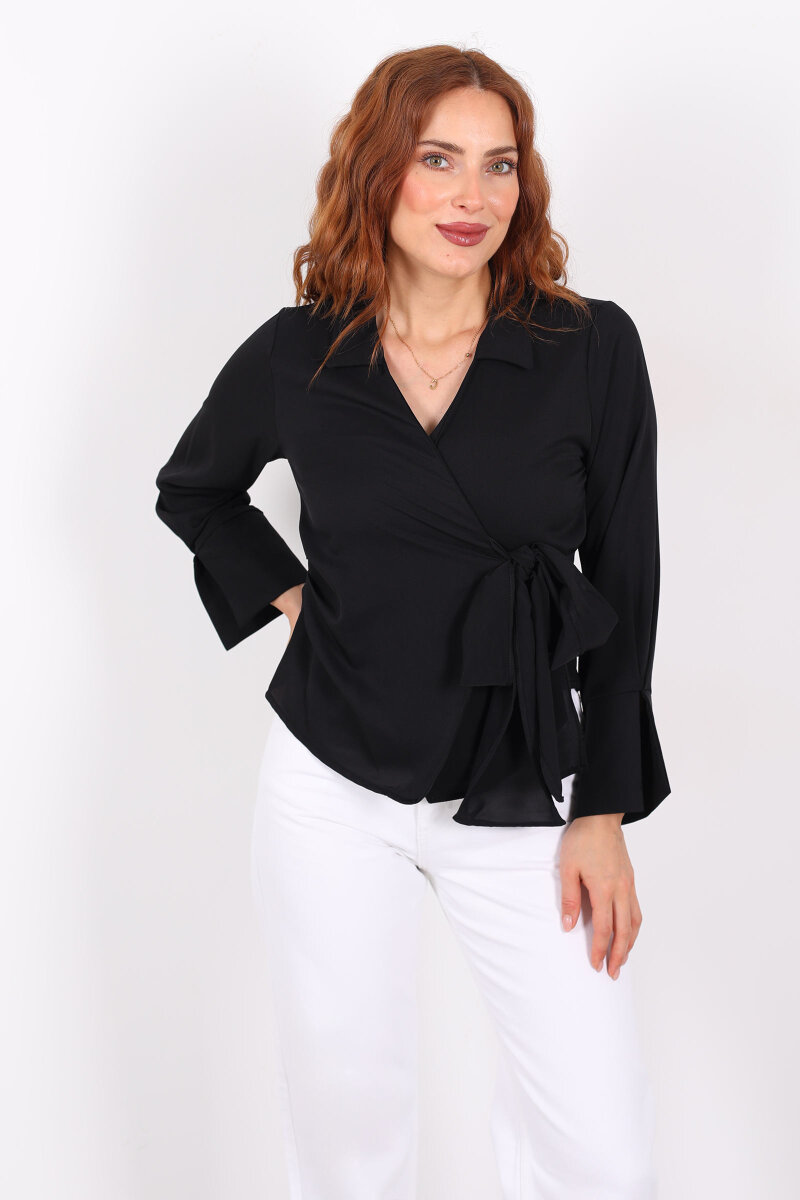 Kruvaze Bağlama Detaylı Siyah Kadın Saten Gömlek - 5